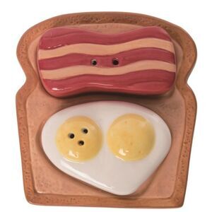 🥓🍳Ceramic 3.75" Multicolor Country Breakfast Salt and Pepper Shakers Set of 3